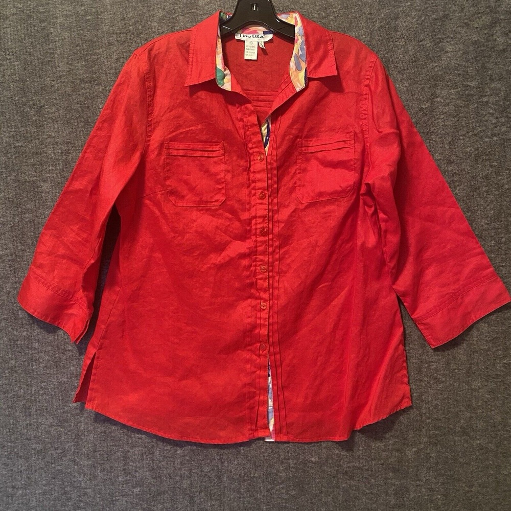 LINO USA Top Blouse Womens XL Red 100% Linen Button Up Shirt Coastal‎ Lagenlook